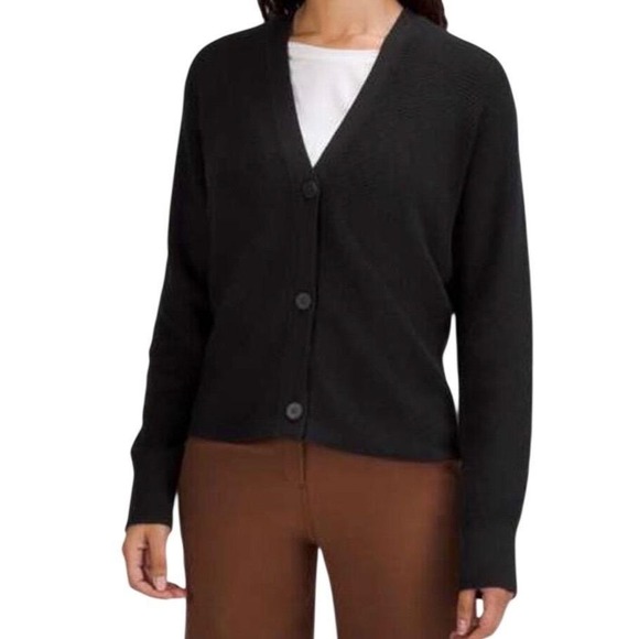 lululemon athletica Sweaters - LULULEMON Blk Merino Wool Blend Ribbed Knit Button Front Cardigan Sweater Wmn S